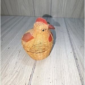 Vtg 70s Woven Basket Chicken Hen Basket Box Bird Wood 4” Easter Trinket Decor